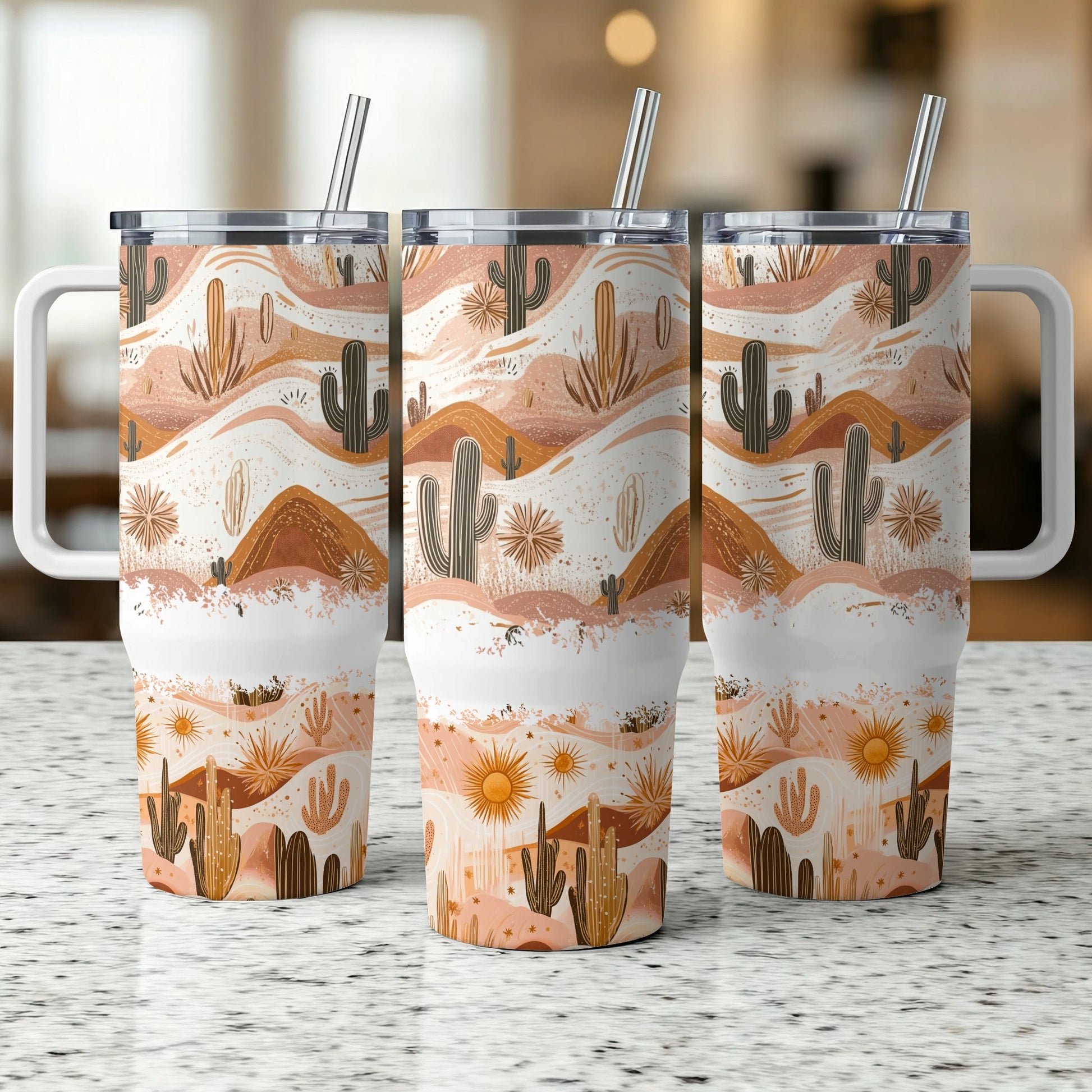 Desert Landscape Tumbler with Straw, Reusable Insulated Travel Cup, Cactus and Sun Design, 20 oz Drinkware, Gift Idea