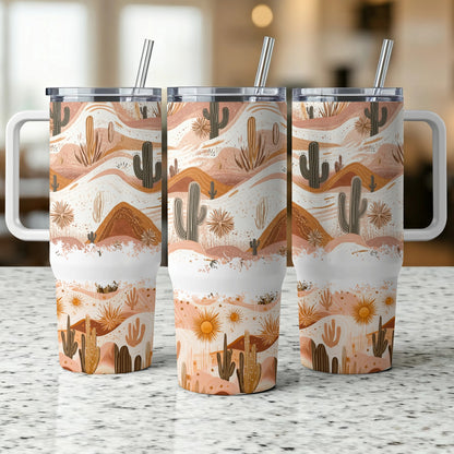 Desert Landscape Tumbler with Straw, Reusable Insulated Travel Cup, Cactus and Sun Design, 20 oz Drinkware, Gift Idea