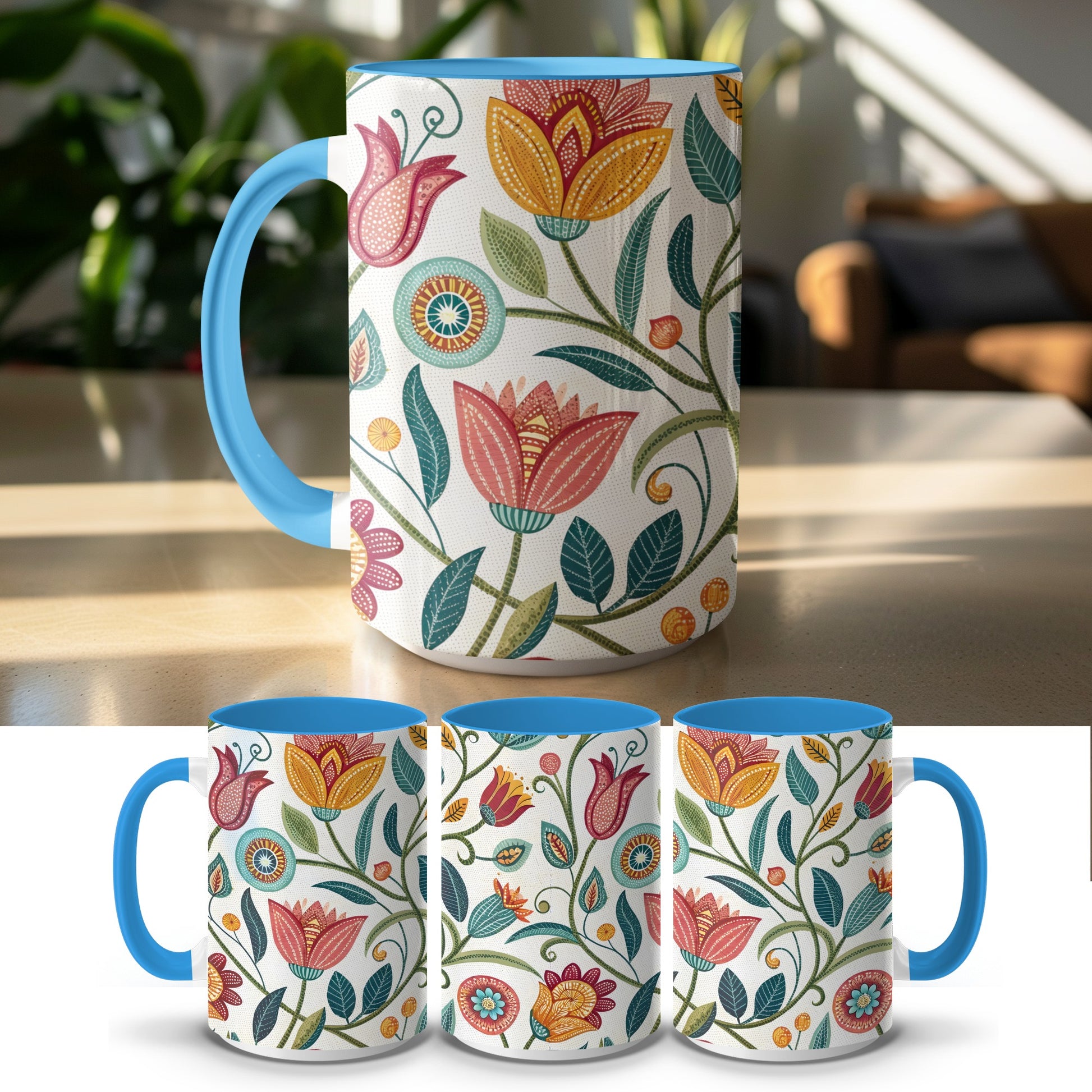 Floral Garden Patterned Blue Handle Mug product