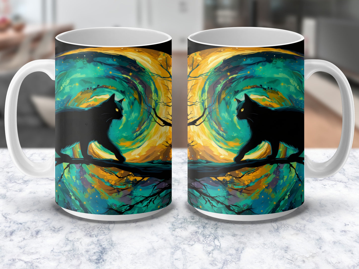 Unique Cat Silhouette Art Mug, Colorful Swirl Design Coffee Cup, Artistic Gift Idea for Cat Lovers