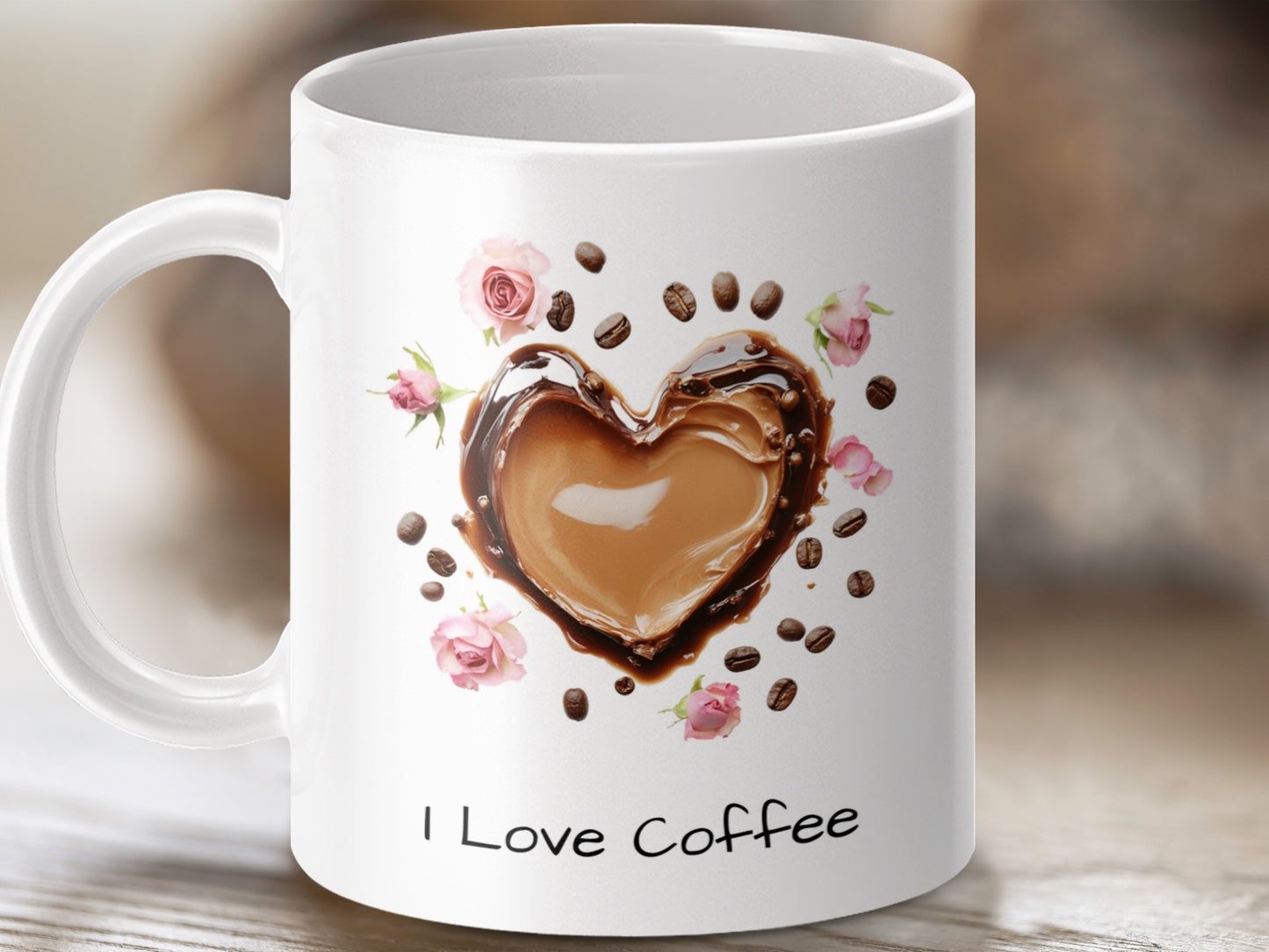 I Love Coffee Heart Roses Design White Mug product