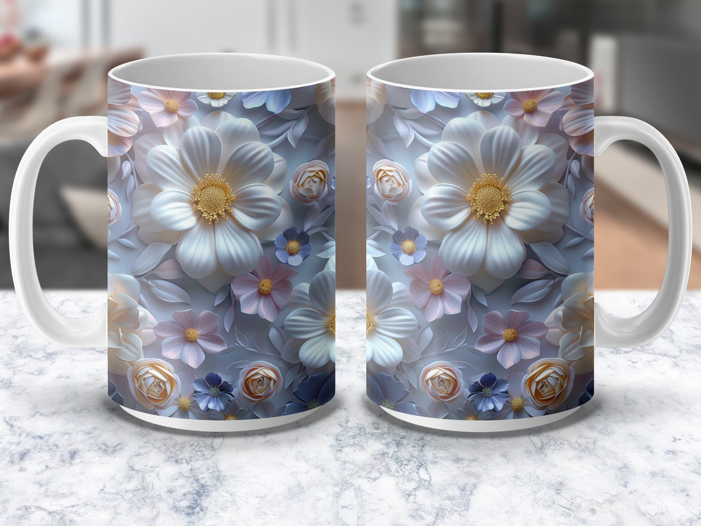 Floral Pattern Coffee Mugs, Blue and White Flower Print, Elegant Tea Cups, Set of Two, Kitchen Decor
