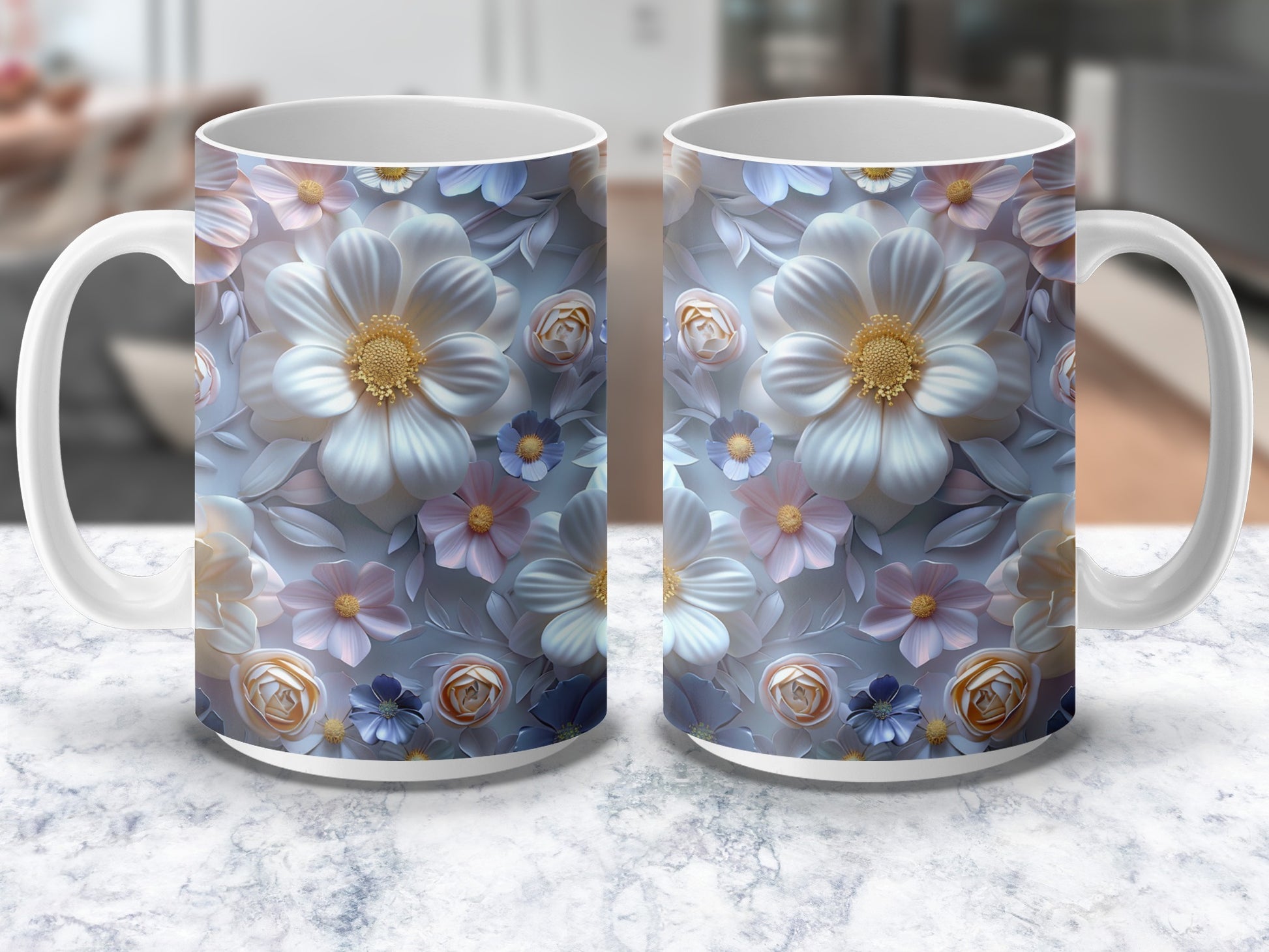 Floral Pattern Coffee Mugs, Blue and White Flower Print, Elegant Tea Cups, Set of Two, Kitchen Decor