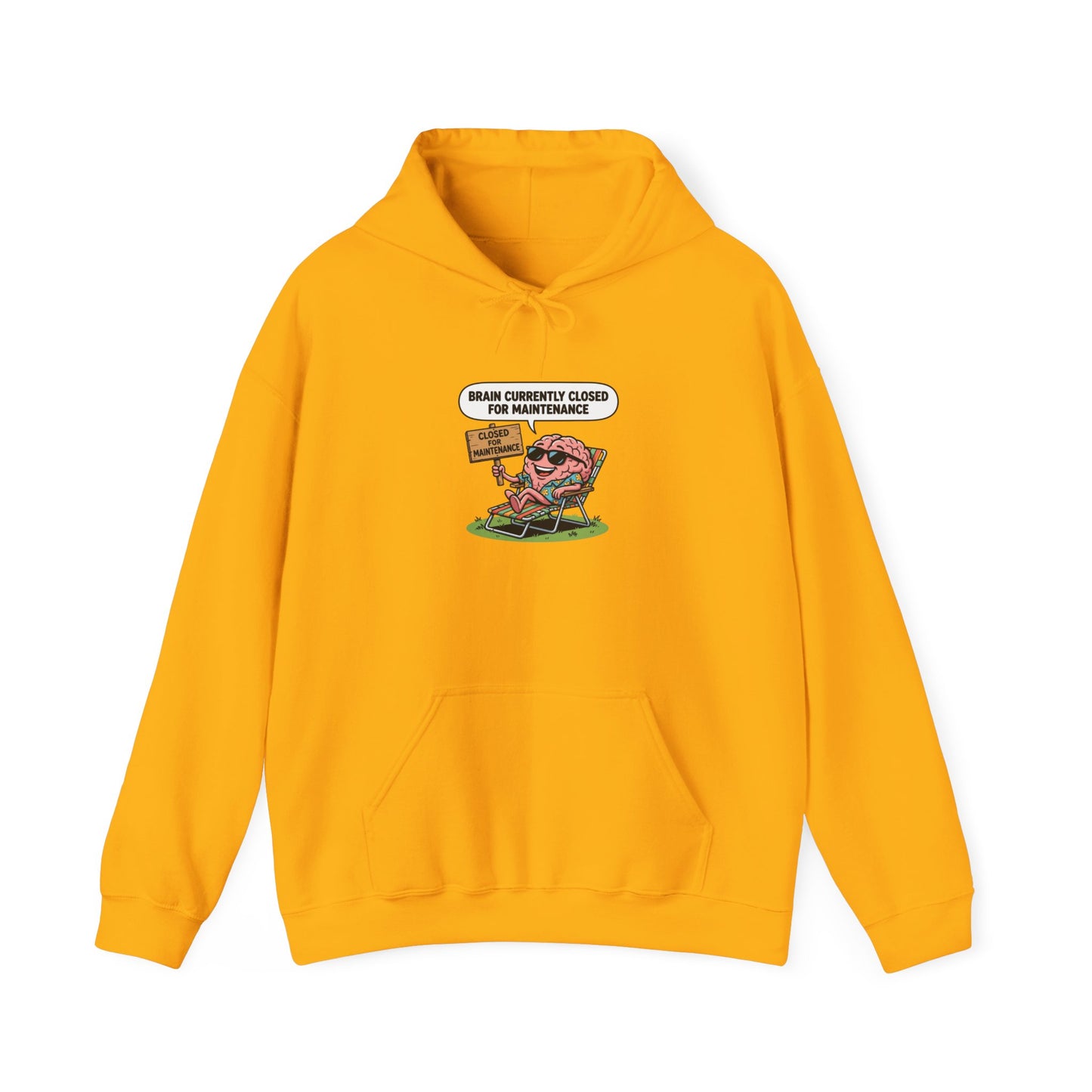 Yellow hoodie with a brain wearing sunglasses relaxing on a beach chair with a "closed for maintenance" sign.