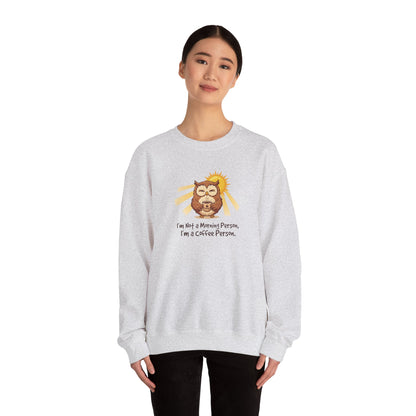 Light gray sweatshirt with a cartoon owl holding a coffee mug.
