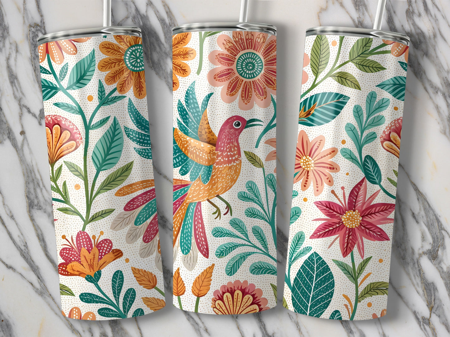 Vibrant Floral and Bird Pattern Insulated Tumbler product