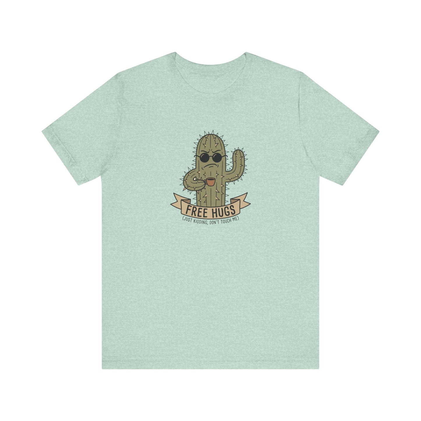 T-shirt with a cartoon cactus wearing sunglasses and holding a coffee cup.