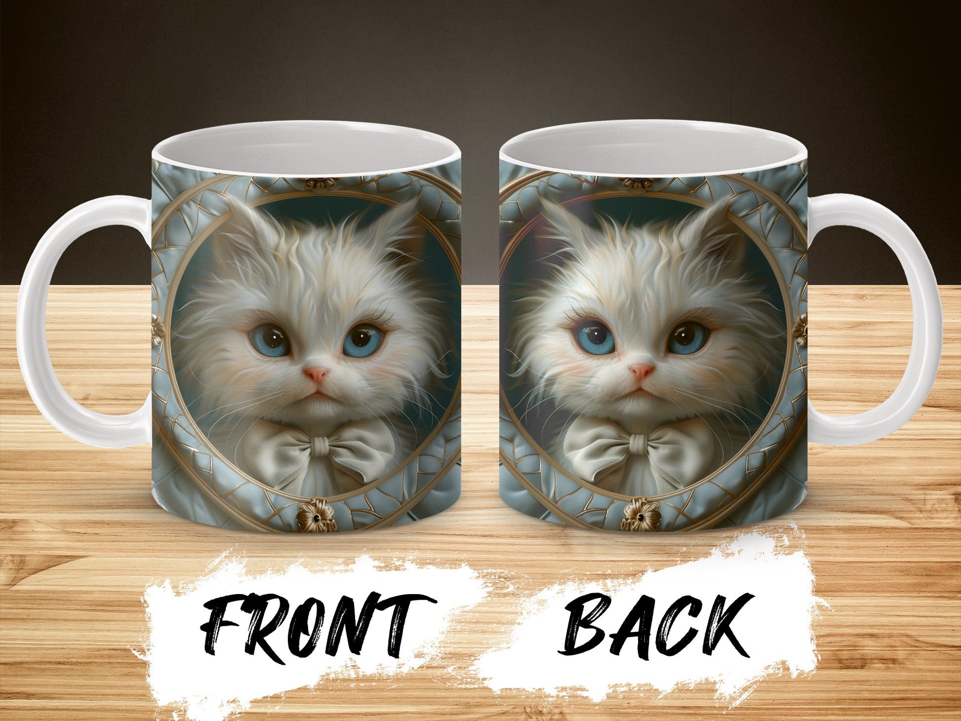 Cute Cat Mug with Artistic Print, Blue-eyed Kitten, Coffee Cup, Gift for Cat Lovers, Unique Drinkware, Front and Back Design