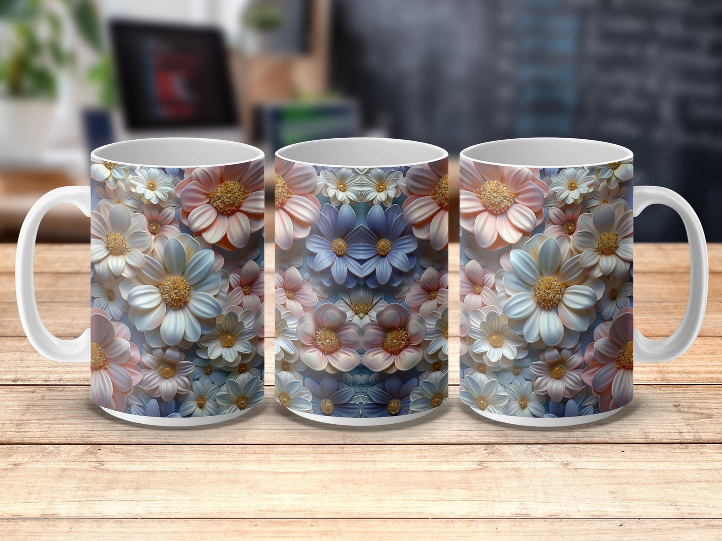 Floral Ceramic Mugs, Colorful Daisy Print Coffee Cups, Set of Three, Kitchen Decor