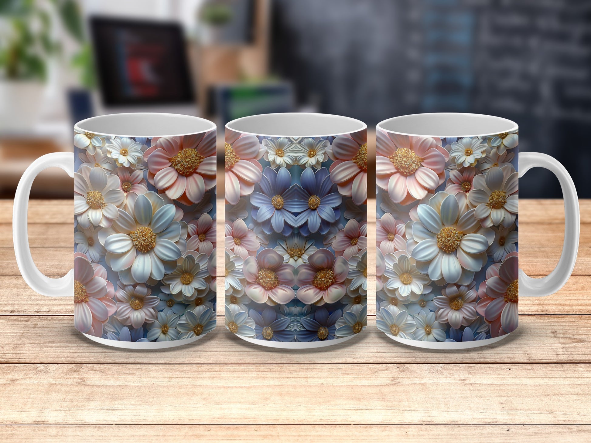 Floral Ceramic Mugs, Colorful Daisy Print Coffee Cups, Set of Three, Kitchen Decor