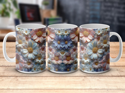 Floral Ceramic Mugs, Colorful Daisy Print Coffee Cups, Set of Three, Kitchen Decor