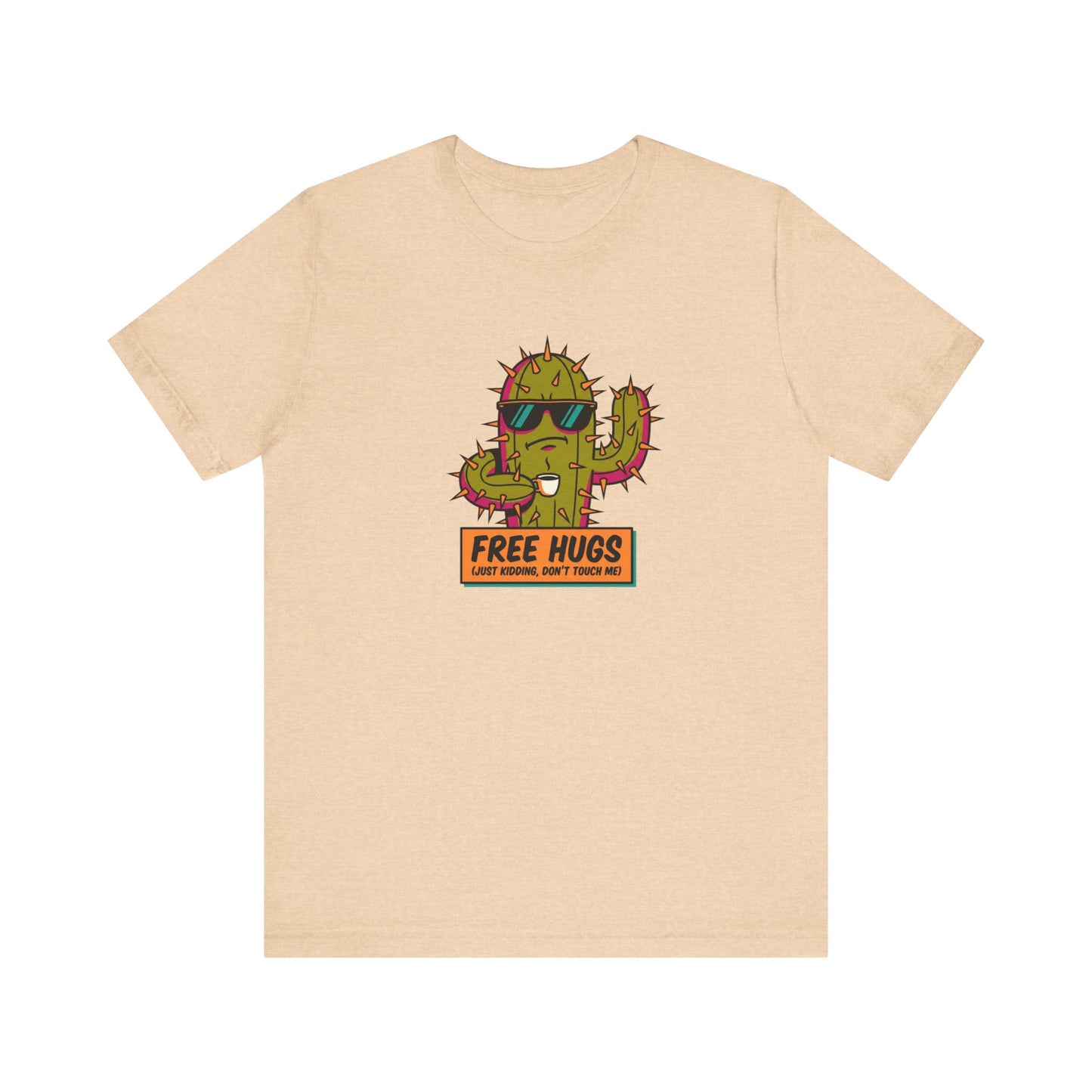 T-shirt with cartoon cactus wearing sunglasses, saying "FREE HUGS" and "JUST KIDDING, DON'T TOUCH ME!".