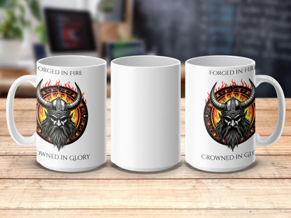 Forged in Fire Viking Helmet Graphic Coffee Mug, Crowned in Glory Artistic Cup, Unique Gift Idea