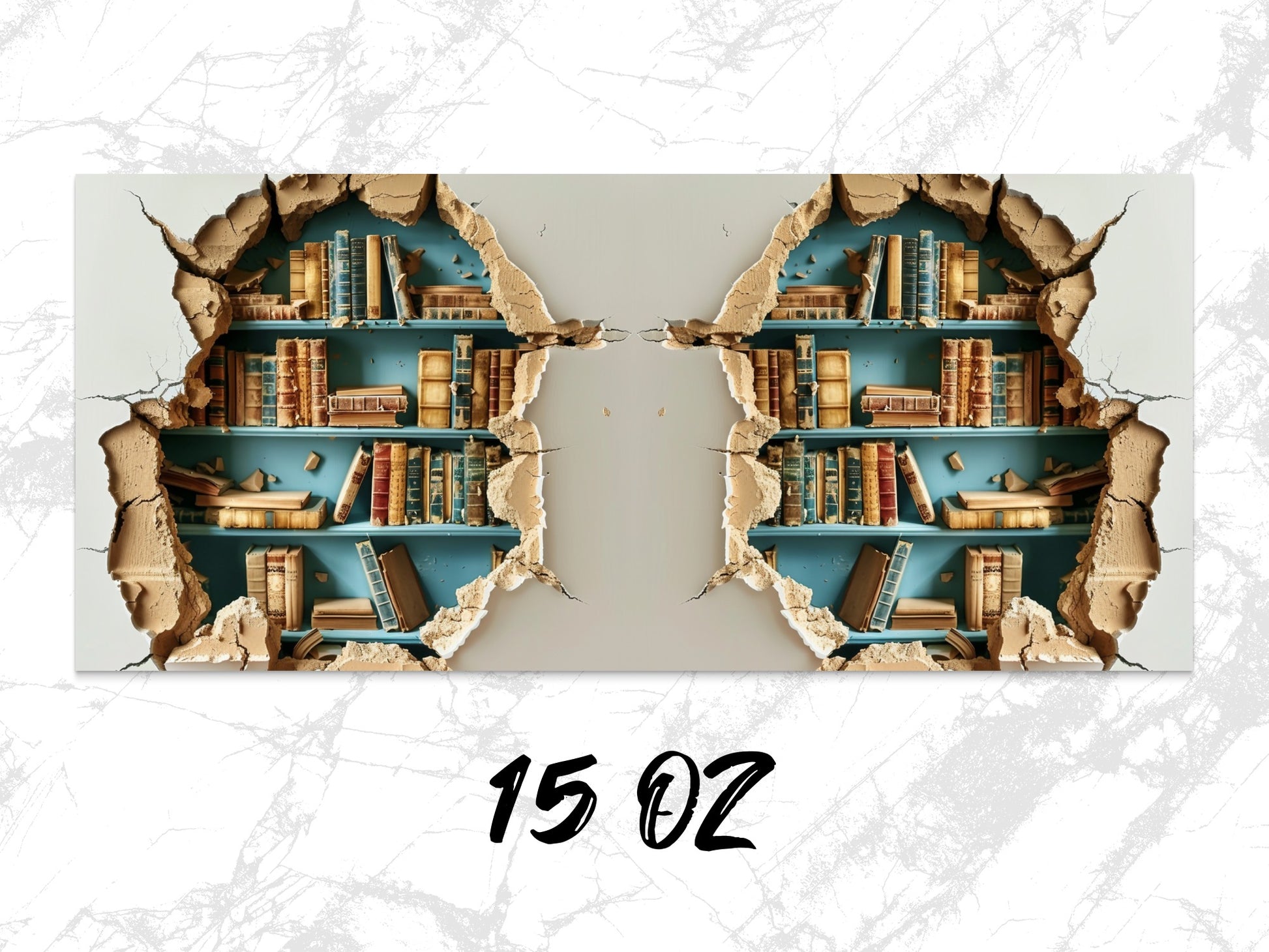 Vintage Library Bookshelf Wallpaper, Cracked Wall Illusion Art, Peel and Stick, Home Office Decor, 15 Oz