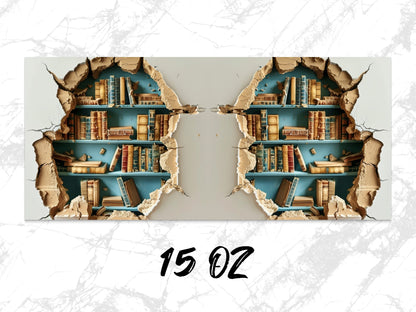 Vintage Library Bookshelf Wallpaper, Cracked Wall Illusion Art, Peel and Stick, Home Office Decor, 15 Oz