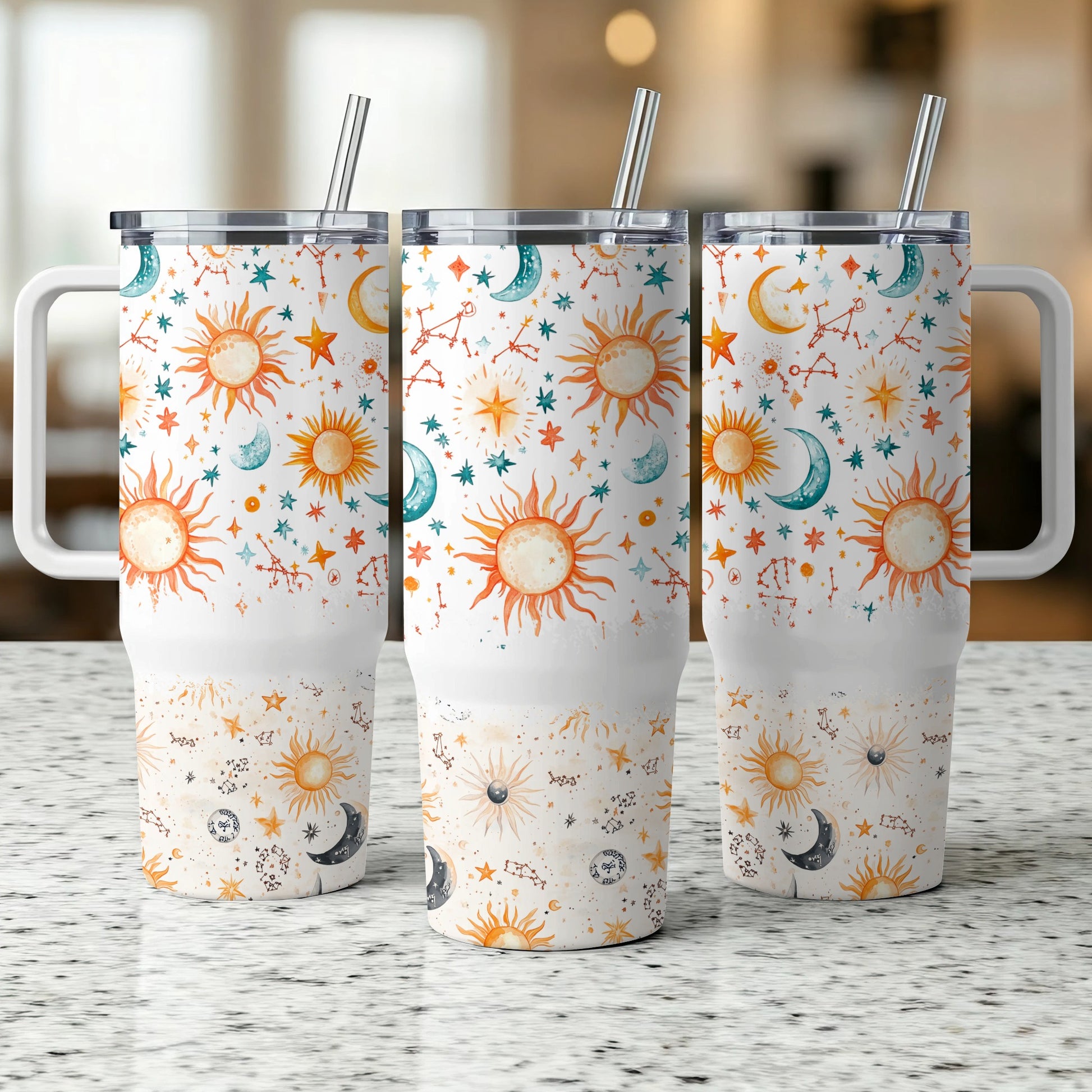 Celestial Tumbler Cups, Sun Moon Stars Pattern, Insulated Drinkware with Straws, Set of 3, Unique Gift Idea