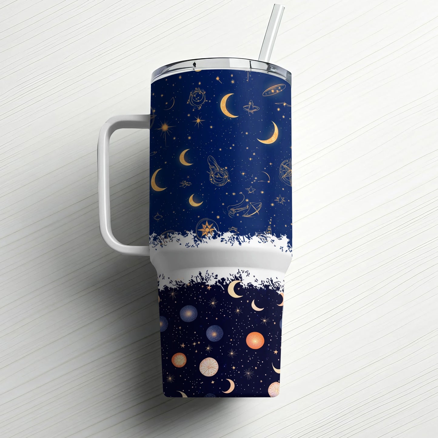 Celestial Tumbler with Straw, Space Themed Insulated Cup, Starry Night Sky Drinkware, Galaxy Travel Mug for Hot and Cold Beverages