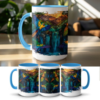 Vibrant Parrot Waterfall Scene Blue Handle Mug product