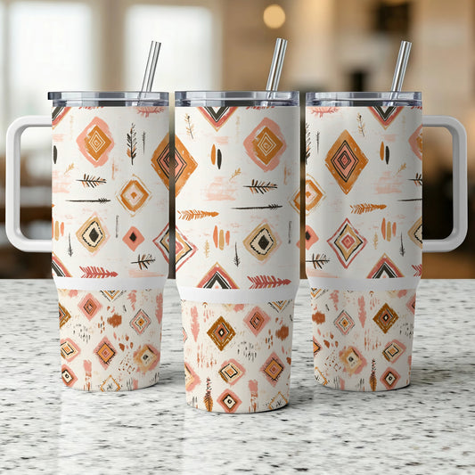 Boho Chic Insulated Tumblers, Stainless Steel Travel Mugs with Lids, Tribal Pattern Drinkware, Gift Idea