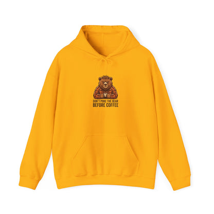 Yellow hoodie with a bear wearing a plaid shirt, holding a coffee mug.