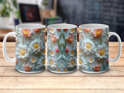 Floral Ceramic Mugs, Colorful Spring Flowers Design, Coffee Tea Cup Set, Gift Idea