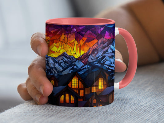 Colorful Stained Glass Mountain Village Landscape Mug product