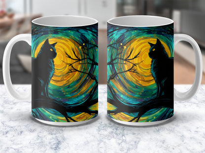 Whimsical Cat Silhouette Moonlight Tree Art Coffee Mug, Vibrant Blue Yellow Colorful Kitchen Decor