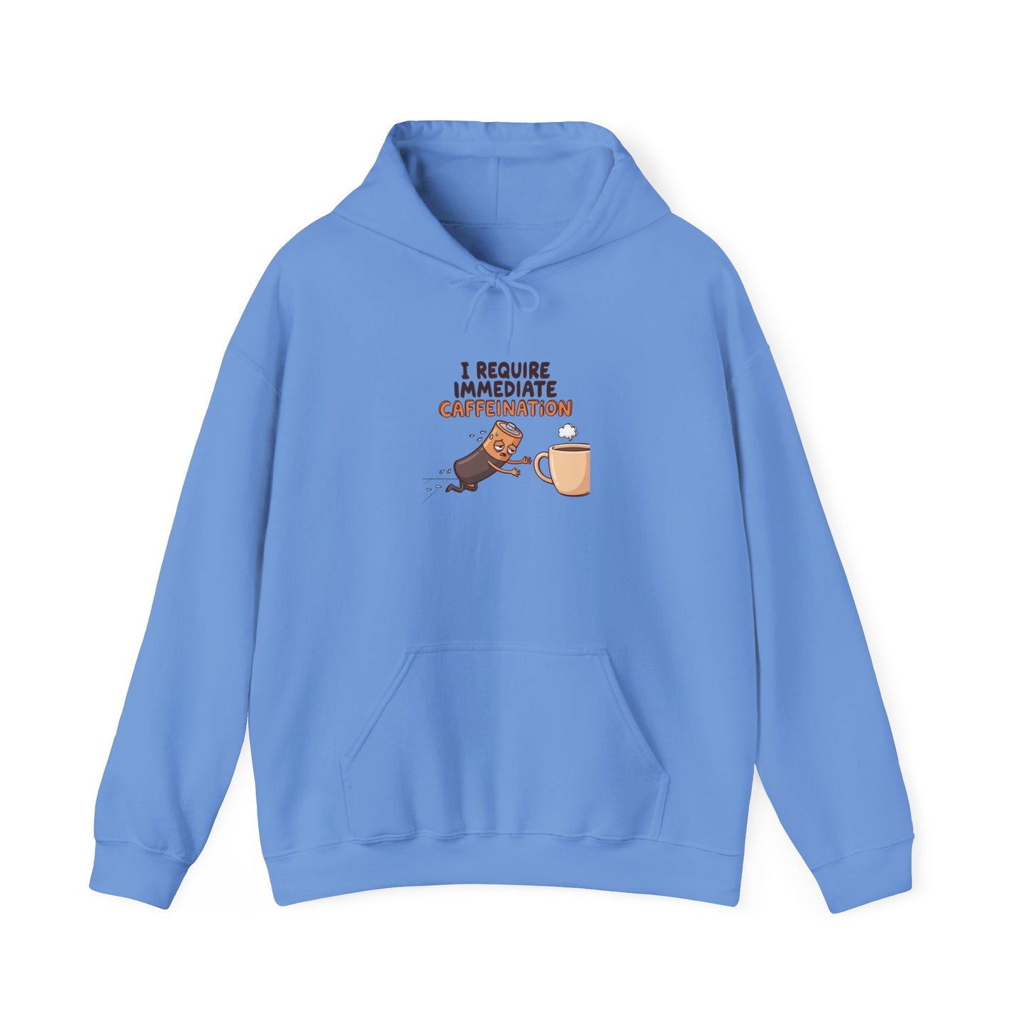 Blue hoodie with cartoon cat reaching for a steaming coffee mug.