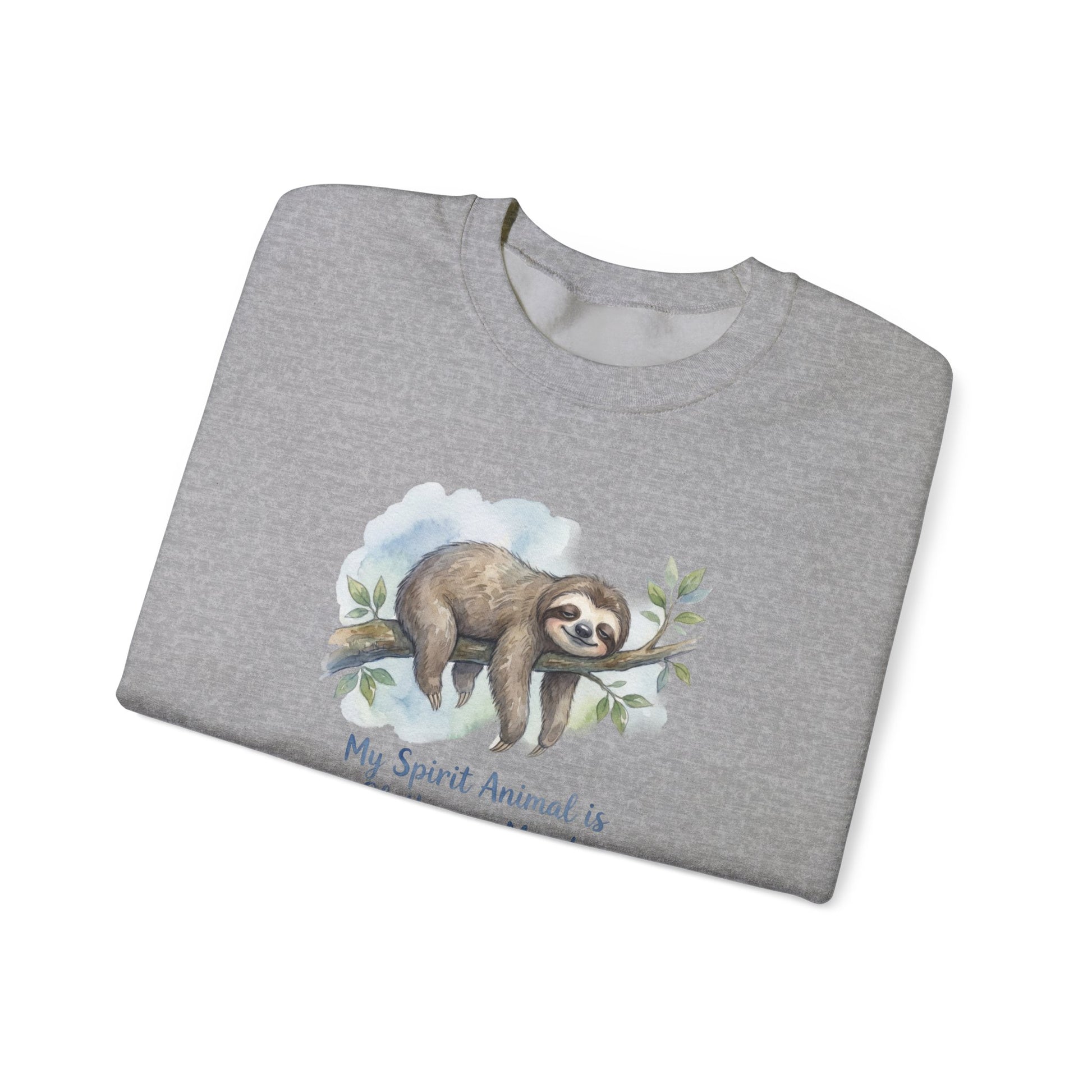 Grey sweatshirt with watercolor sloth hanging on a branch and text.