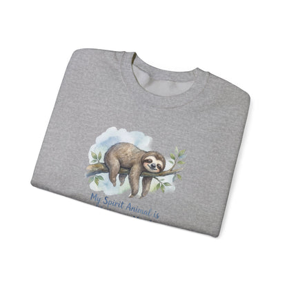 Grey sweatshirt with watercolor sloth hanging on a branch and text.
