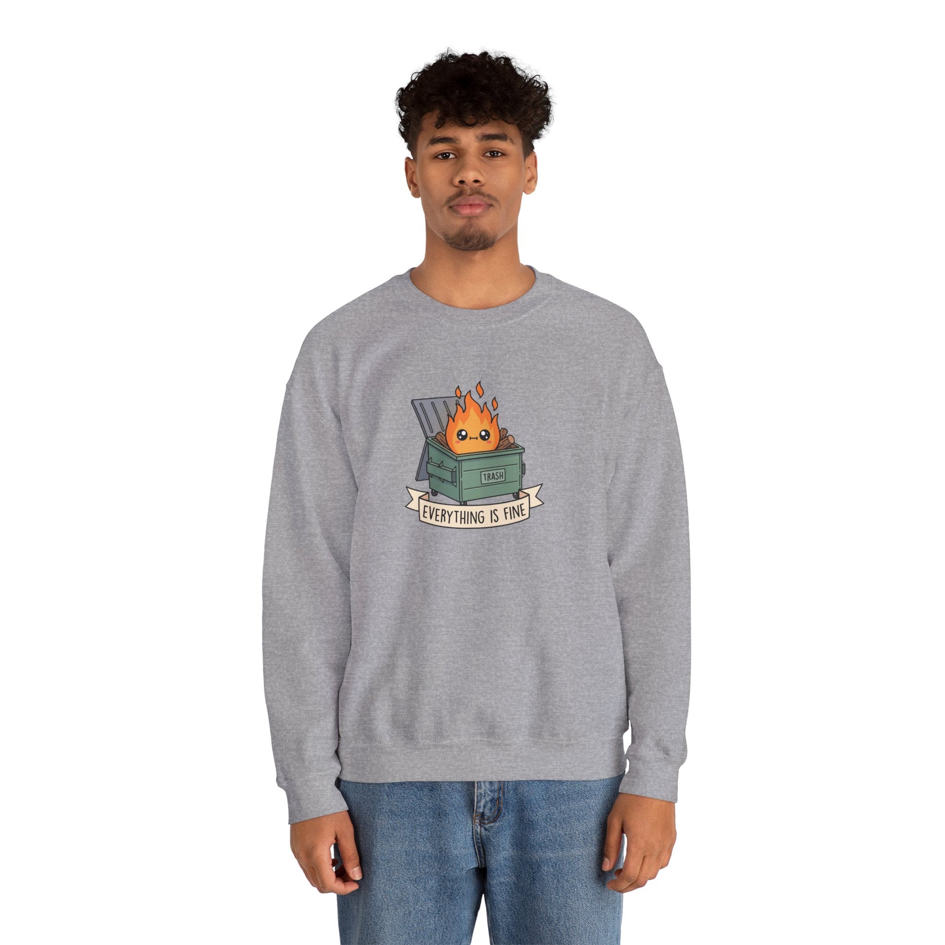 Gray crewneck sweatshirt with a distressed dumpster fire graphic and "Everything is fine" banner.