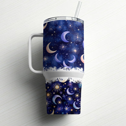 Celestial Tumbler with Straw, Moon and Stars Pattern, Navy Blue Insulated Drinkware, Unique Gift Idea, 20 oz Water Cup