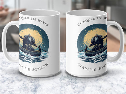 Nautical Coffee Mug Set, Conquer and Claim The Horizon Design, Vintage Ocean Explorer Cups, Gift for Sailors and Adventurers