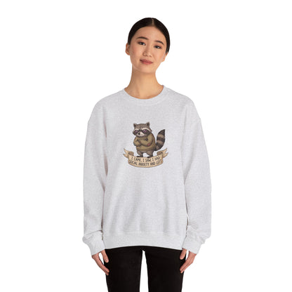 Light gray sweatshirt with a raccoon graphic and the text "I came, I saw, I had social anxiety and left."