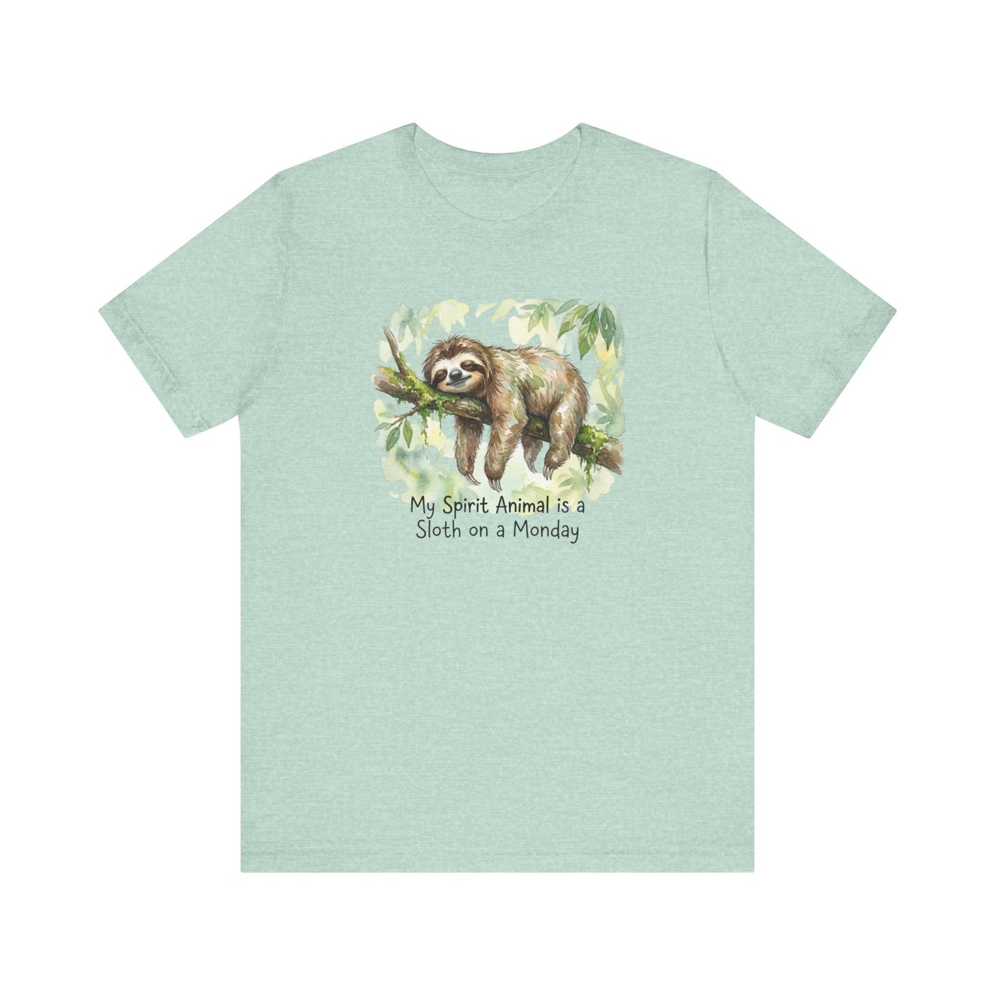 Mint t-shirt with watercolor sloth hanging from a branch, text reads "My Spirit Animal is a Sloth on a Monday".