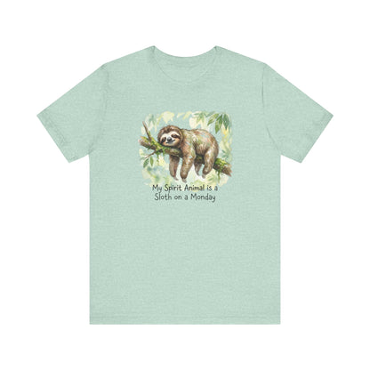 Mint t-shirt with watercolor sloth hanging from a branch, text reads "My Spirit Animal is a Sloth on a Monday".