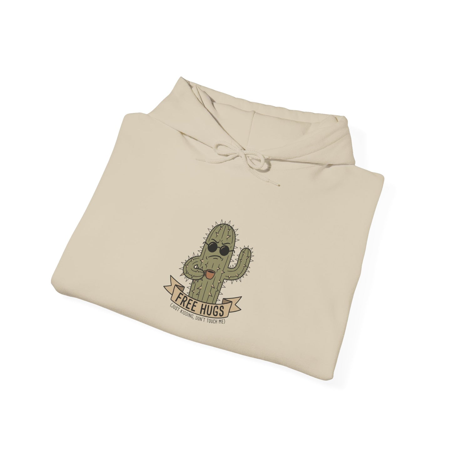 Beige hoodie with cartoon cactus wearing sunglasses, text "FREE HUGS".