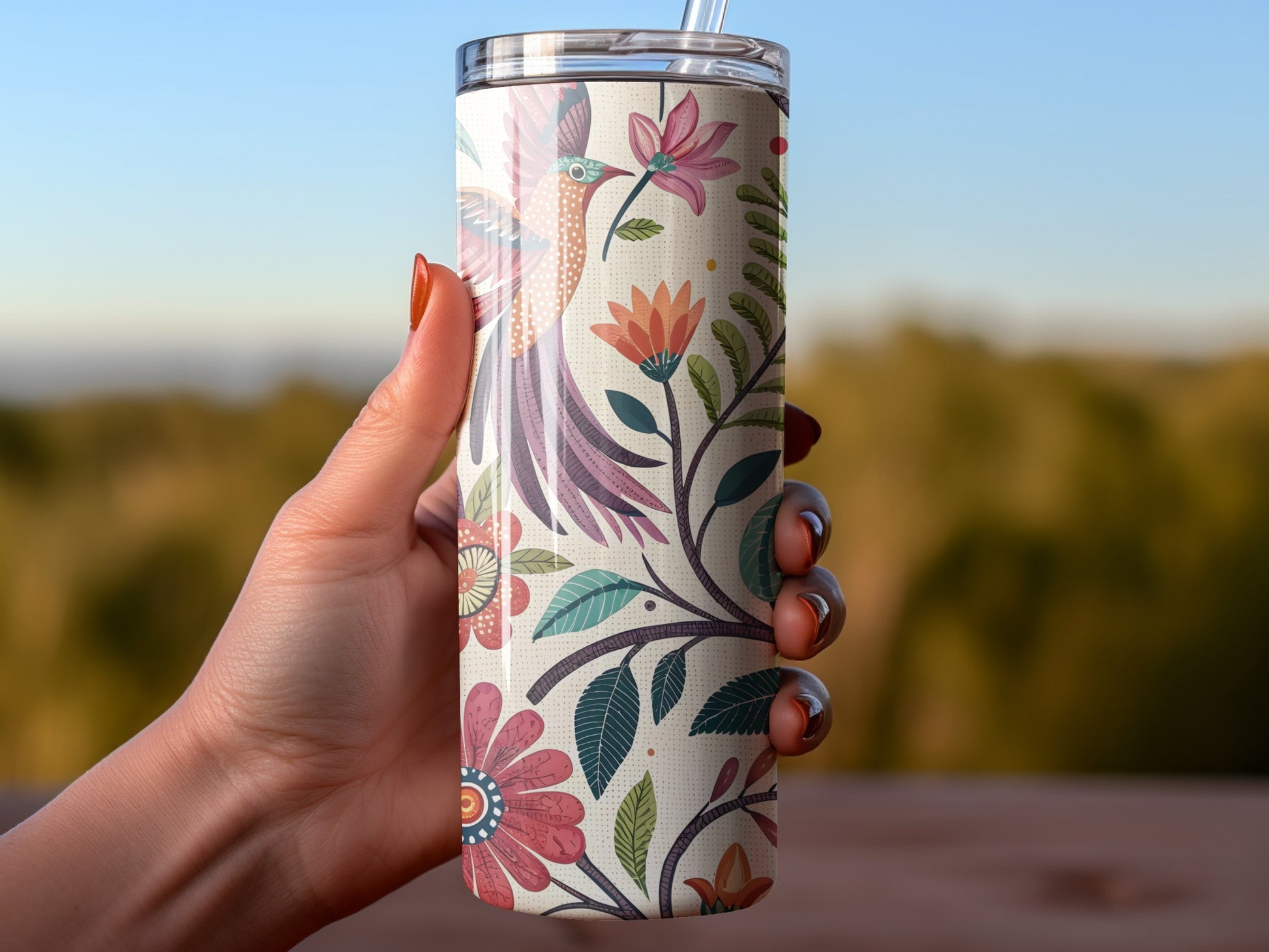 Colorful Hummingbird and Floral Design Tumbler product