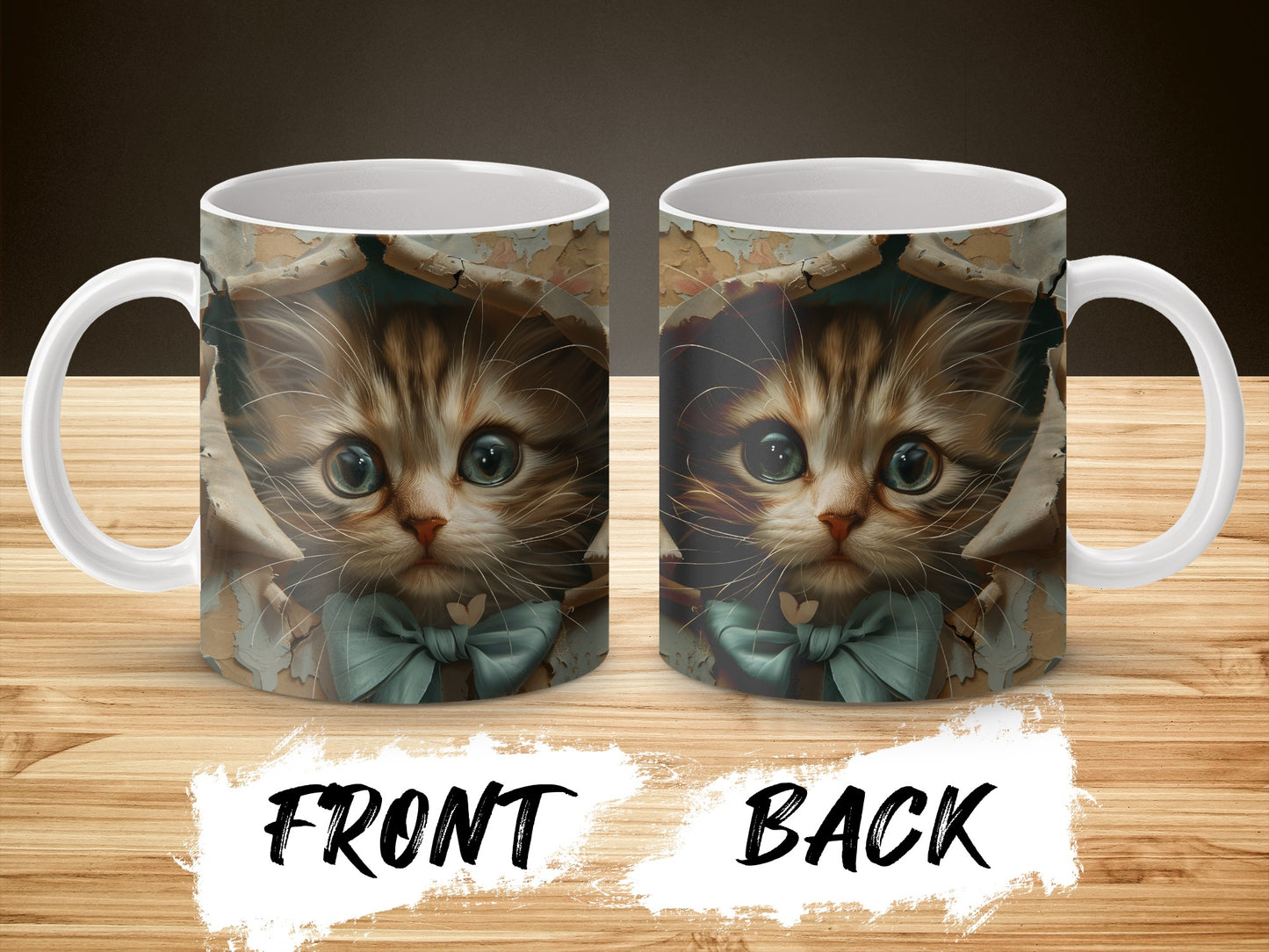 Cute Kitten Coffee Mug, Cat Lover Gift, Animal Face Mug with Bow Tie, Unique Ceramic Cup for Tea and Coffee, Double-Sided Print