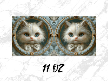 Vintage Style Cat Art Coffee Mug, Elegant Blue and White 11 oz Ceramic Cup, Unique Cat Lover Gift, Decorative Kitchen Accessory