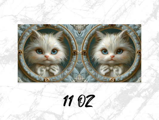Vintage Style Cat Art Coffee Mug, Elegant Blue and White 11 oz Ceramic Cup, Unique Cat Lover Gift, Decorative Kitchen Accessory