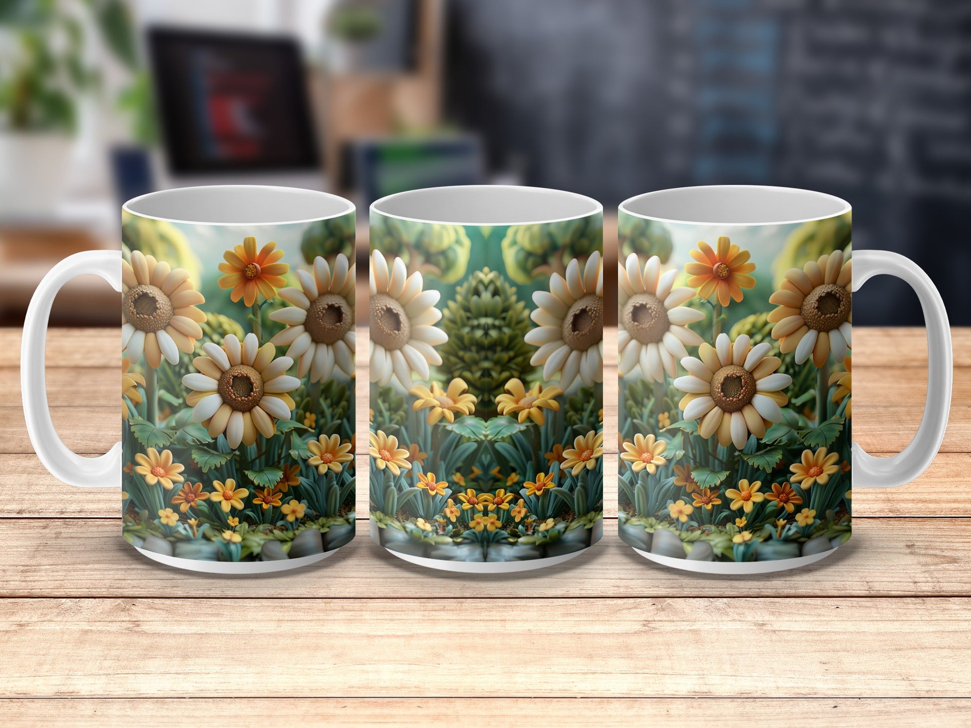 Floral Coffee Mug Set, Daisy and Sunflower Print, Kitchen Decor, Spring Inspired Ceramic Cups, Gift Idea