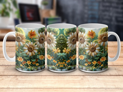 Floral Coffee Mug Set, Daisy and Sunflower Print, Kitchen Decor, Spring Inspired Ceramic Cups, Gift Idea