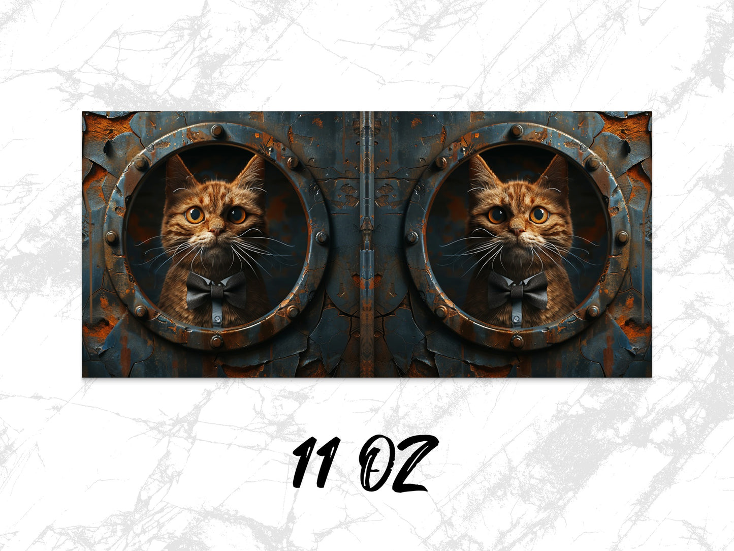 Steampunk Cat Coffee Mug, Rustic Metal Porthole, Unique Cat Lover Gift, 11 oz Ceramic Mug