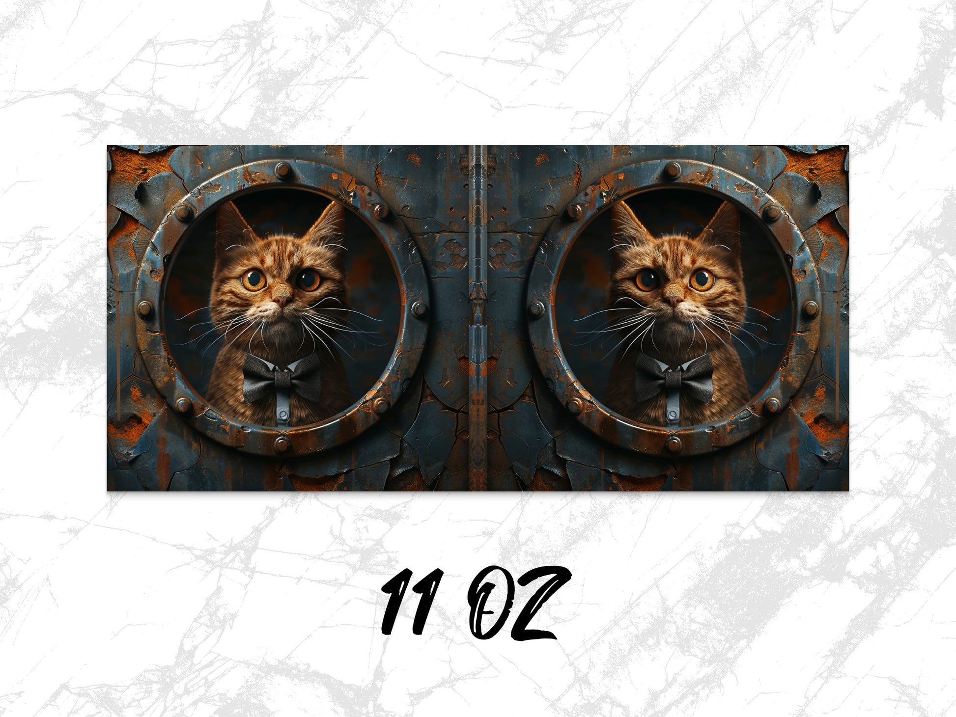Steampunk Cat Coffee Mug, Rustic Metal Porthole, Unique Cat Lover Gift, 11 oz Ceramic Mug