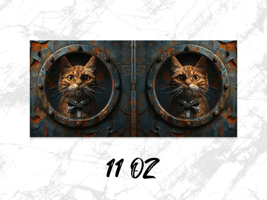 Steampunk Cat Coffee Mug, Rustic Metal Porthole, Unique Cat Lover Gift, 11 oz Ceramic Mug