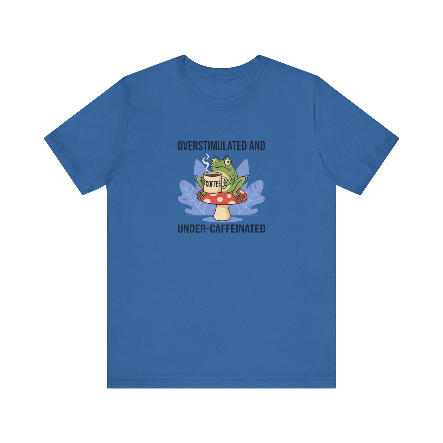 Blue t-shirt with a cartoon frog on a mushroom, holding a coffee cup.