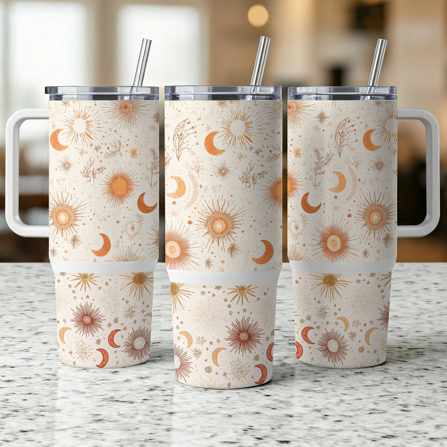 Bohemian Sun and Moon Tumbler, Insulated Travel Cups with Straws, Celestial Drinkware, Set of 3