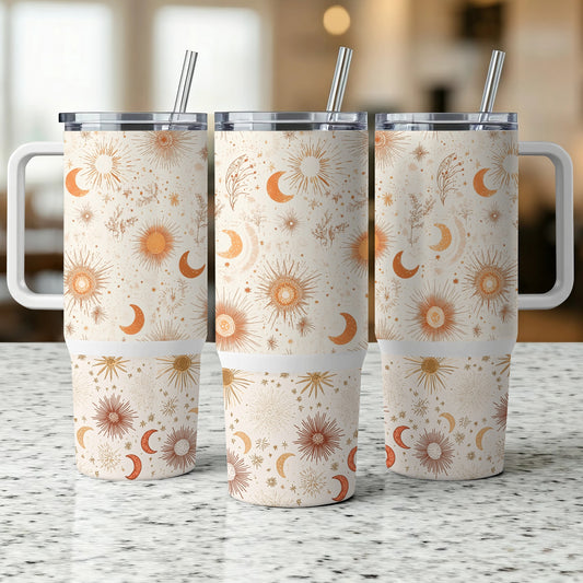 Bohemian Sun and Moon Tumbler, Insulated Travel Cups with Straws, Celestial Drinkware, Set of 3