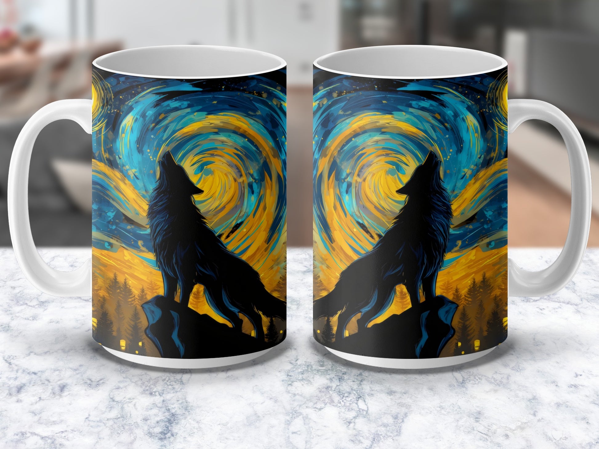 Wolf Silhouette Starry Night Artistic Coffee Mug, Unique Wildlife Inspired Drinkware, Perfect Gift for Nature Lovers